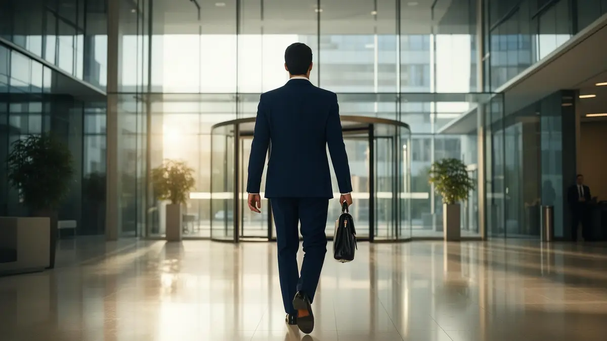 Profissional entrando em um escritório corporativo moderno