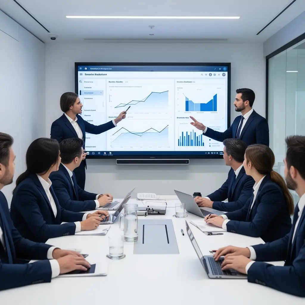 Equipe corporativa analisando dashboards em reunião